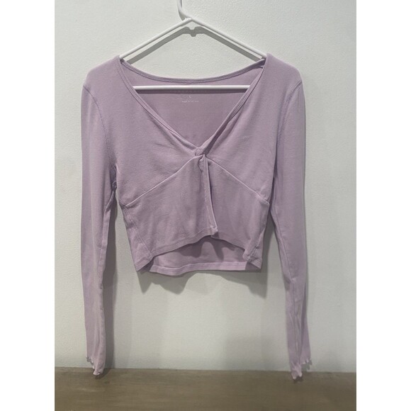Aeropostale Y2K Babydoll Cropped Top Ribbed Knit Long Sleeve Twist Front Sz L - Picture 1 of 9